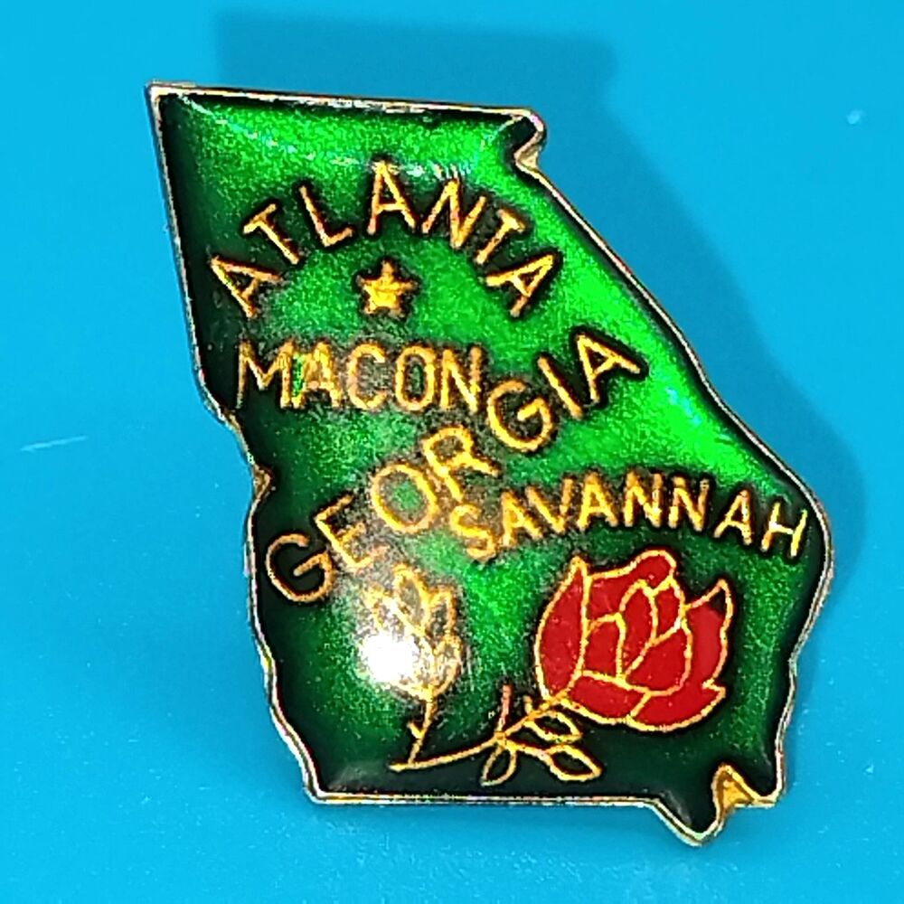 Vintage Georgia State Souvenir Pin Atlanta Macon Savannah Red Rose Lapel Pinback